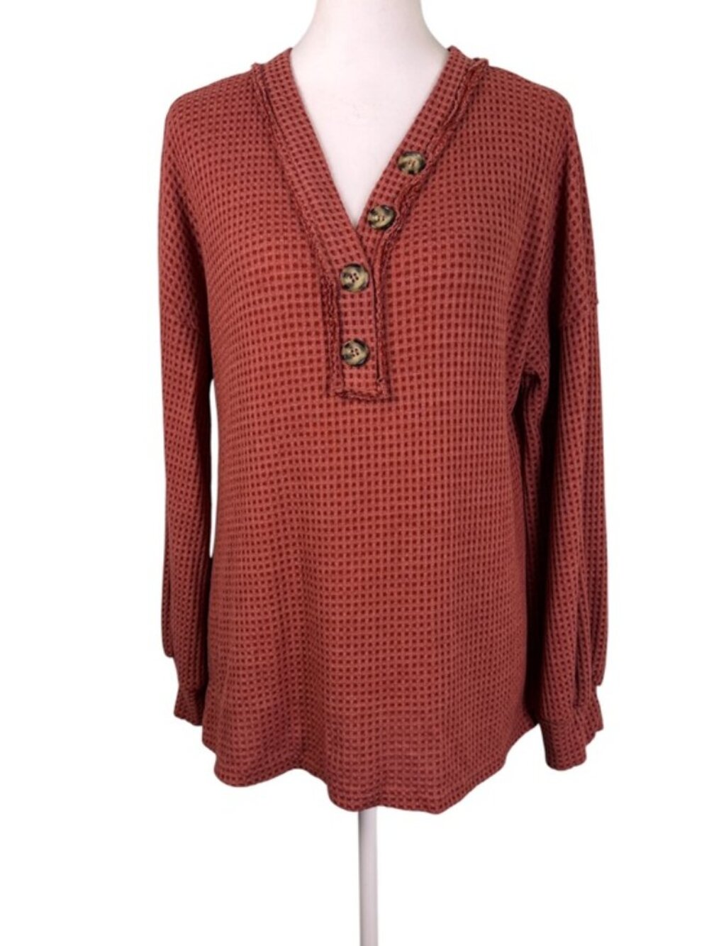Hailey & Co Rust Waffle Knit Henley Long Sleeve Top Size M - Picture 2 of 10